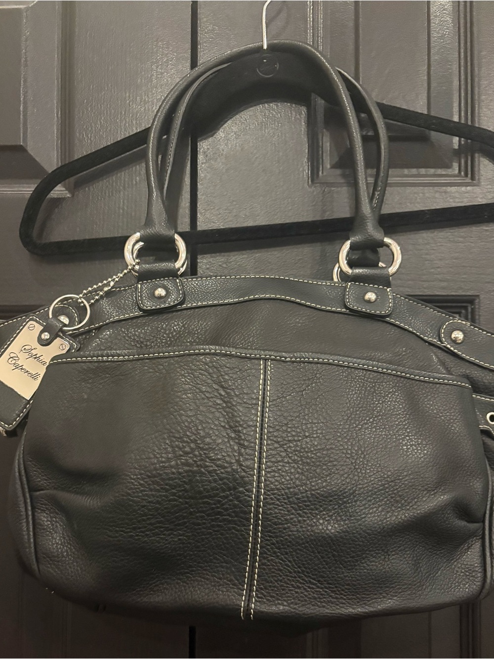 Sophia Caperelli Black Pebbled Leather Satchel Bag | Contrast Stitch Handbag
